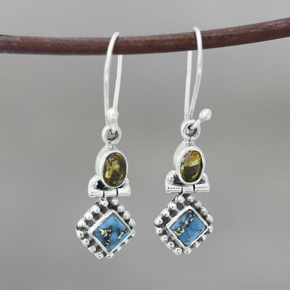 Citrine and Composite Turquoise Dangle Earrings from India 'Sunny Delight'