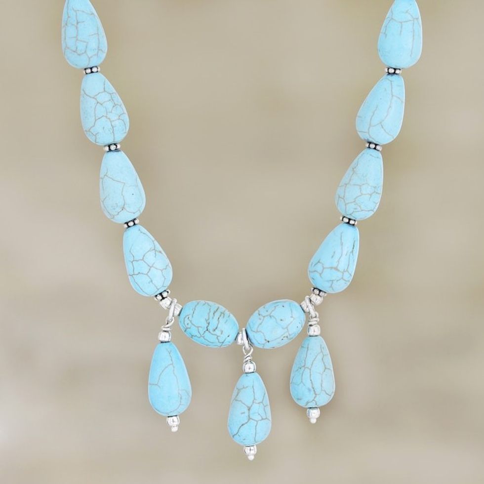Handmade Calcite Beaded Pendant Necklace from India 'Blue Fountain'