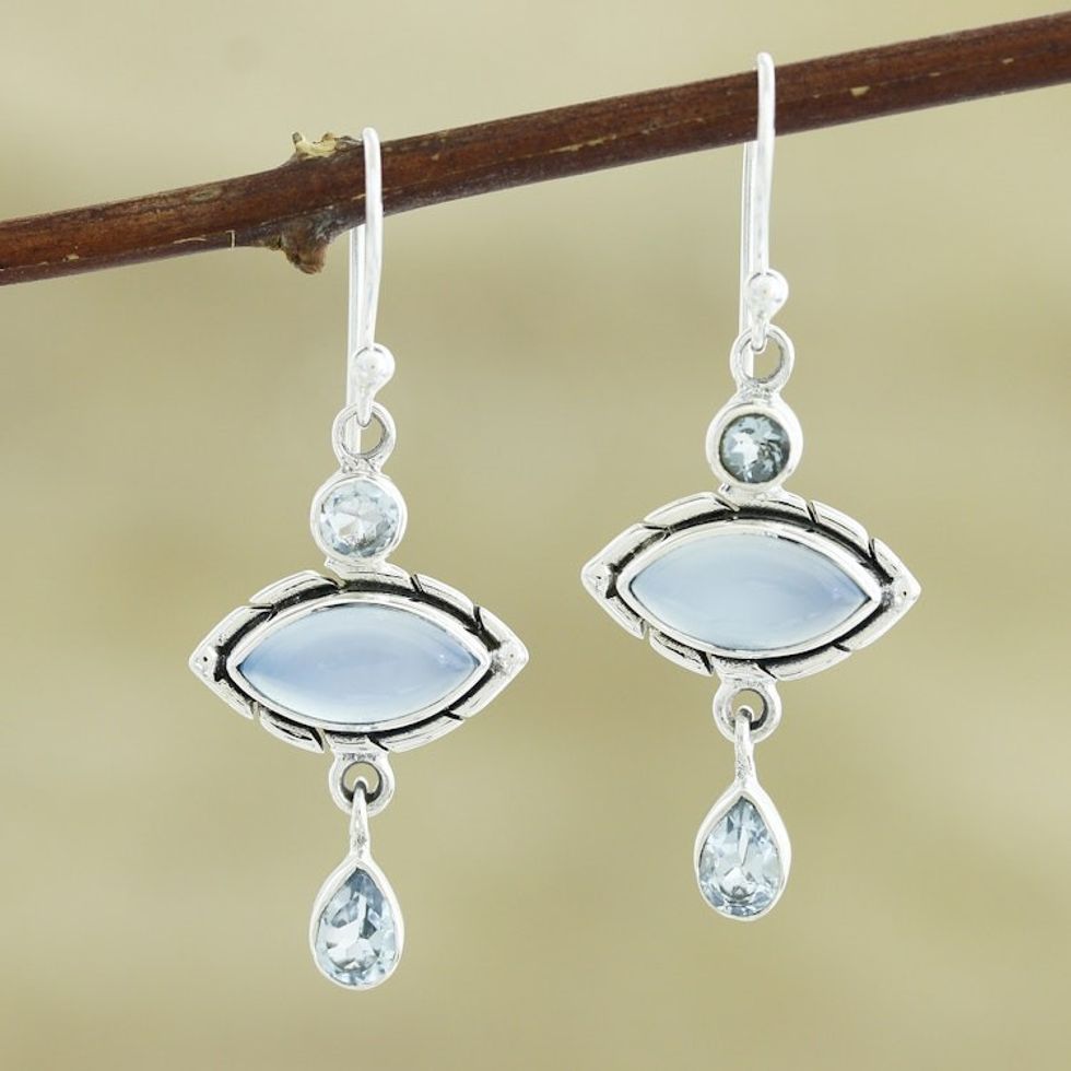 Chalcedony and Blue Topaz Sterling Silver Dangle Earrings 'Blue Fusion'