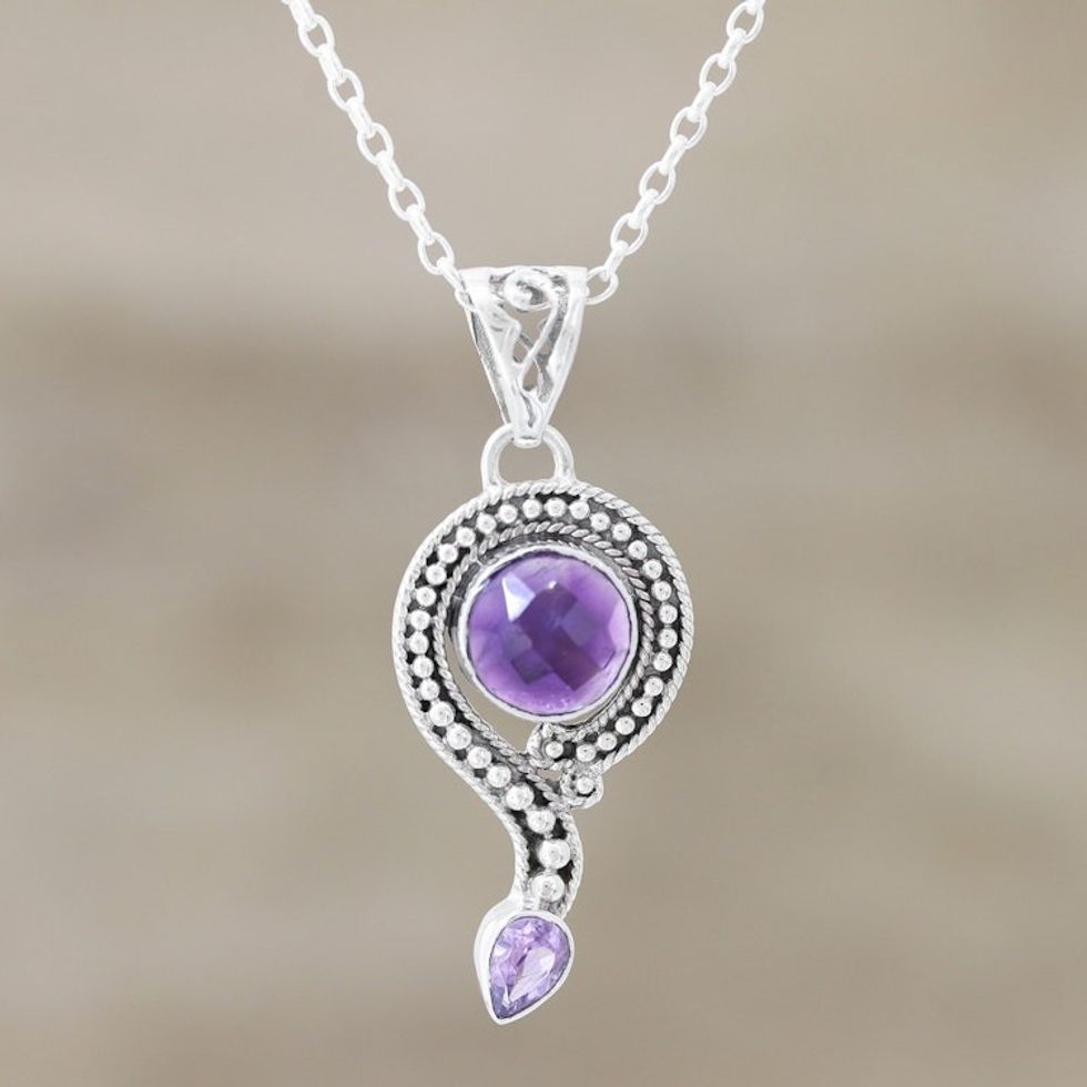 Hand Crafted Sterling SIlver and Amethyst Necklace 'Graceful Query'