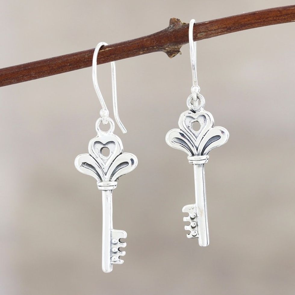 Sterling Silver Key Dangle Earrings from India 'Powerful Keys'