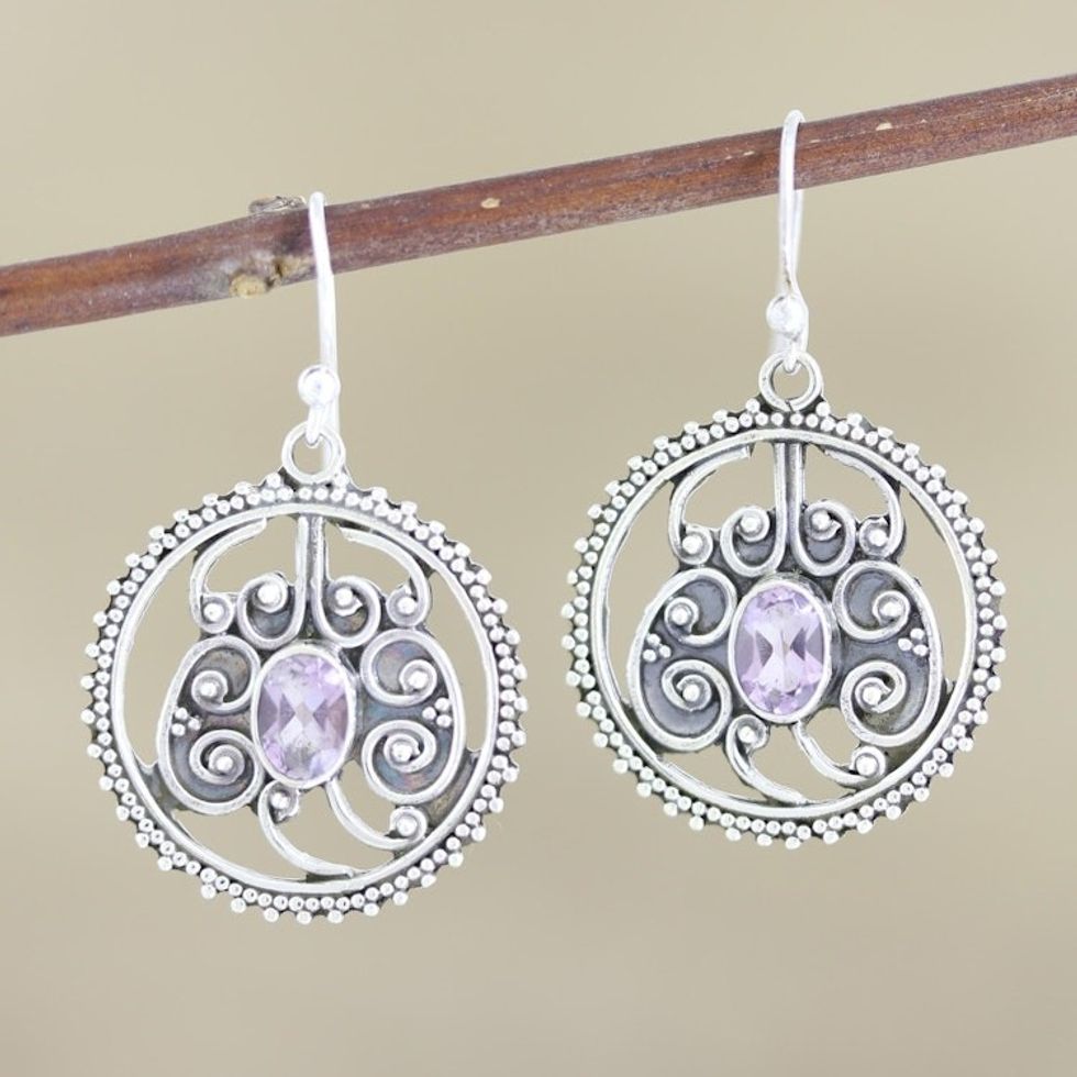 Artisan Made Amethyst and Sterling Silver Dangle Earrings 'Lilac Loop'