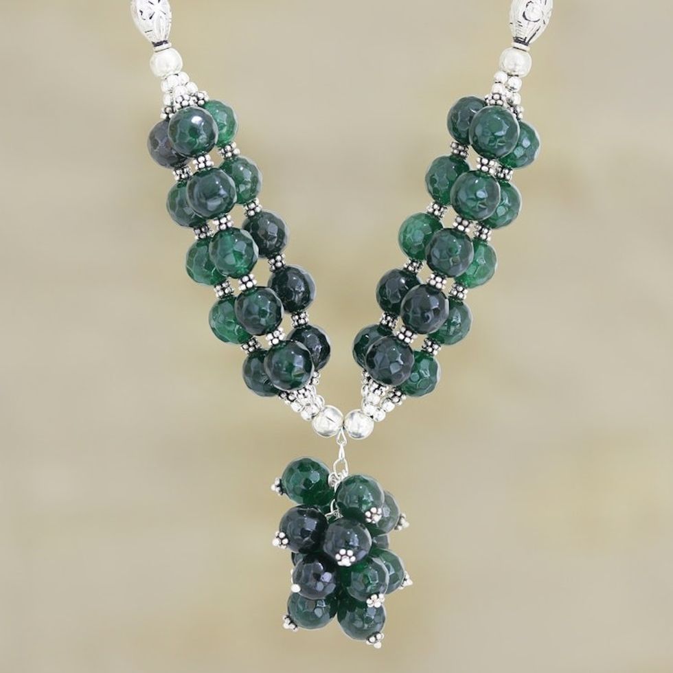 Hand Made Onyx and Sterling Silver Pendant Necklace 'Bouquet in Green'