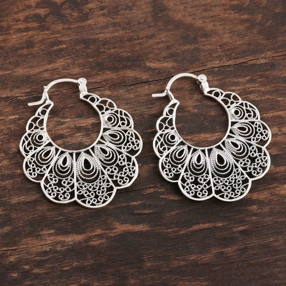 Lacy Filigree Sterling Silver Hoop Earrings 'Sweet Frills'