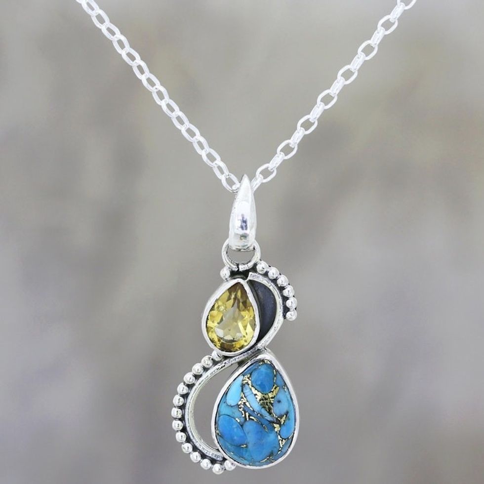 Citrine and Composite Turquoise Teardrop Pendant Necklace 'Two Teardrops'