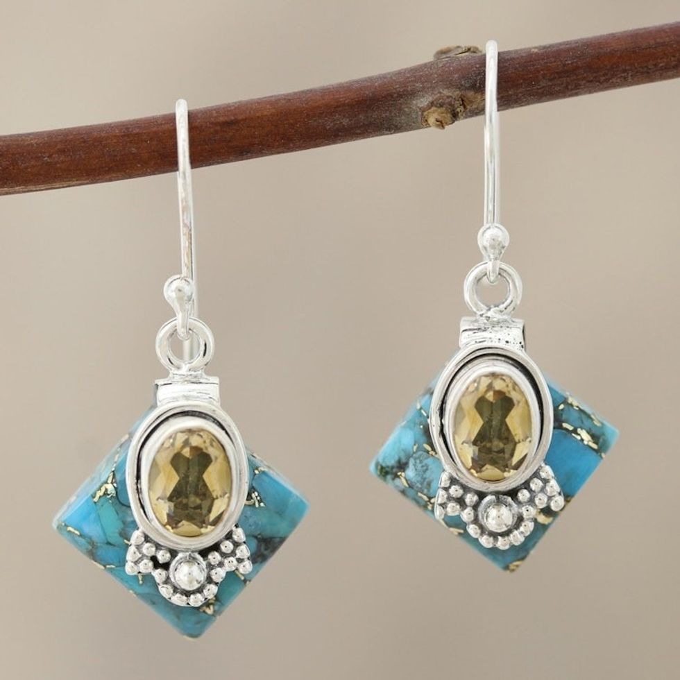 Citrine Dangle Earrings in Sterling Silver 'Kolkata Gold'