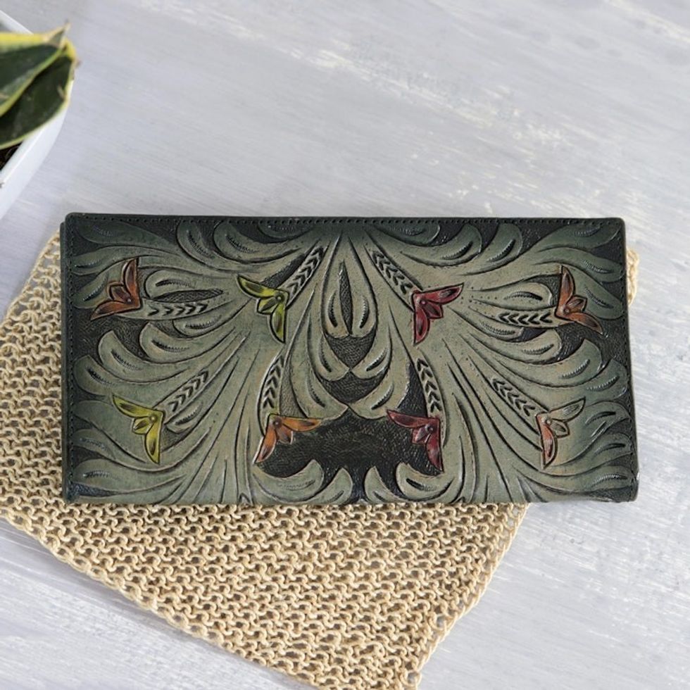Floral Pattern Green Leather Wallet Crafted in India 'Verdant Vines'
