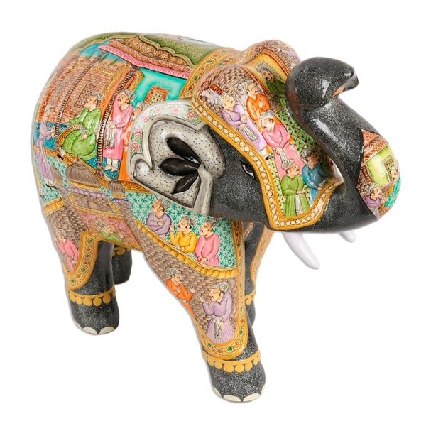 Alternate image for Royal Elephant Papier Mache Sculpture 11 Inch Mughal Elephant