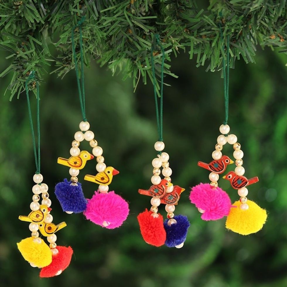 Vibrant Bird-Themed Wood Beaded Ornaments Set of 4 'Vibrant Song'