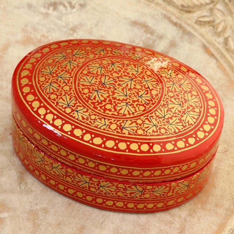 Red and Gold Leaf Motif Decorative Box 'Kashmir Leaf'