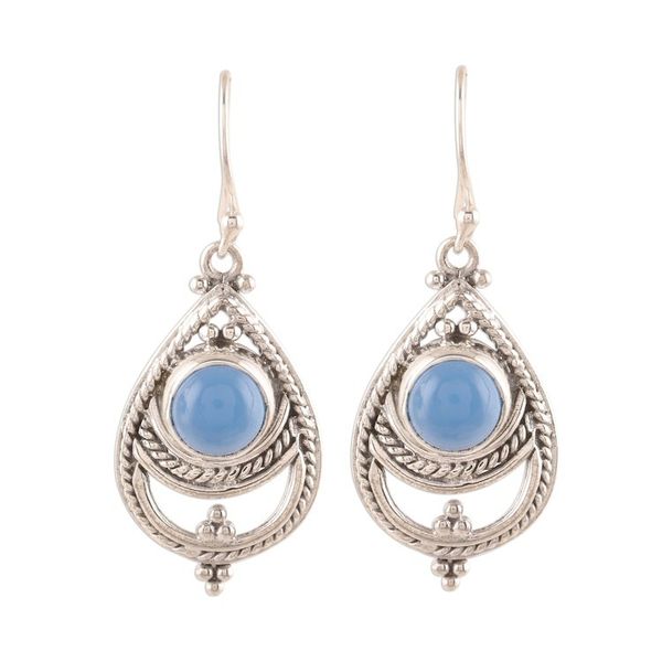 Alternate image for Rope Pattern Chalcedony Dangle Earrings from India Mysterious Blue