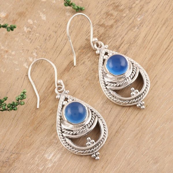 Alternate image for Rope Pattern Chalcedony Dangle Earrings from India Mysterious Blue