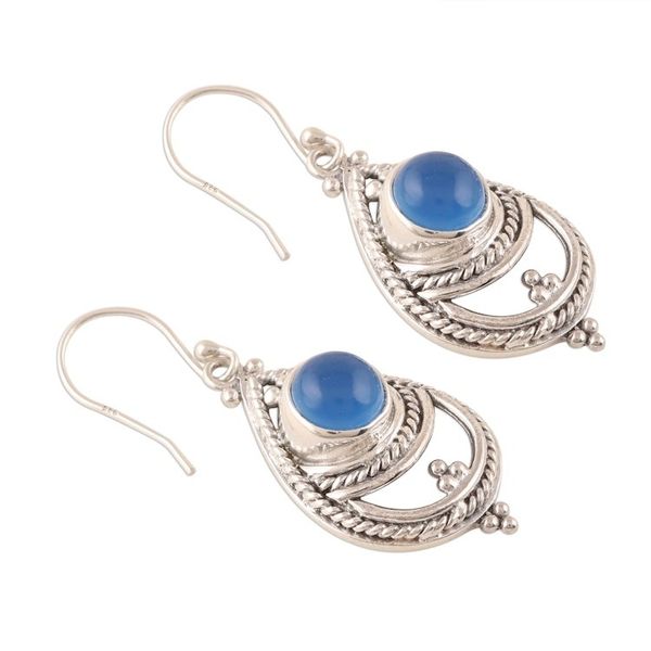 Alternate image for Rope Pattern Chalcedony Dangle Earrings from India Mysterious Blue