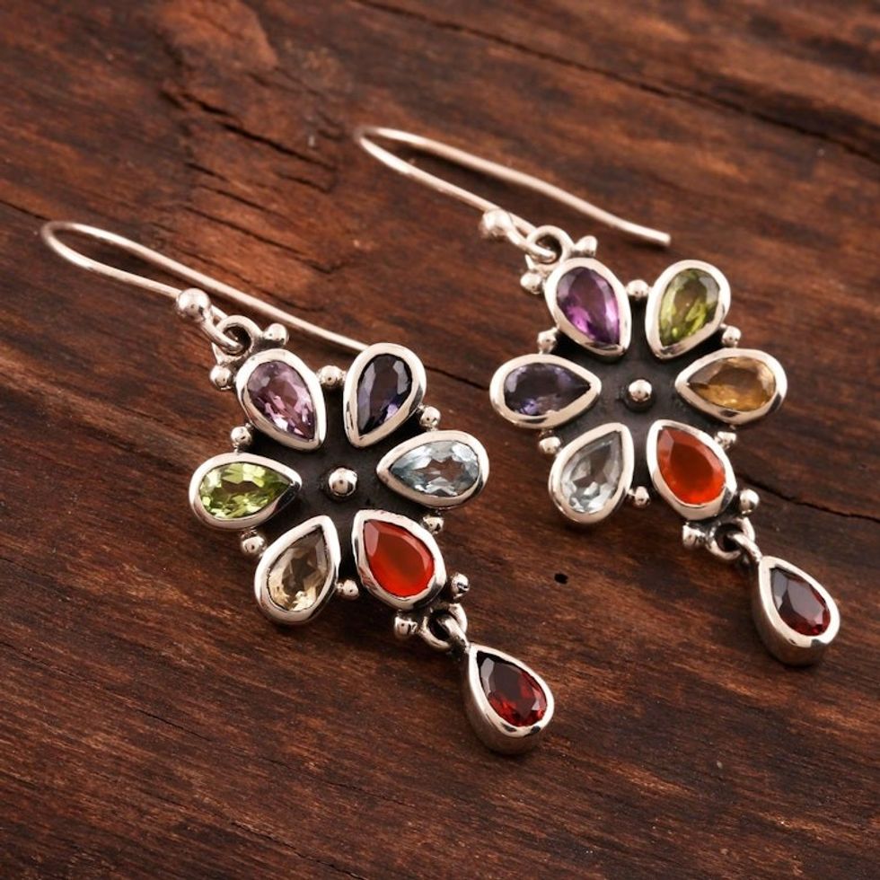 Carnelian and Blue Topaz Sterling Silver Dangle Earrings 'Rainbow Bright'