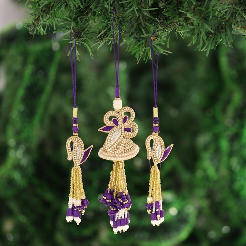 Gold and Purple Beaded Ornaments from India Set of 3 'Holiday Glamour in Purple'