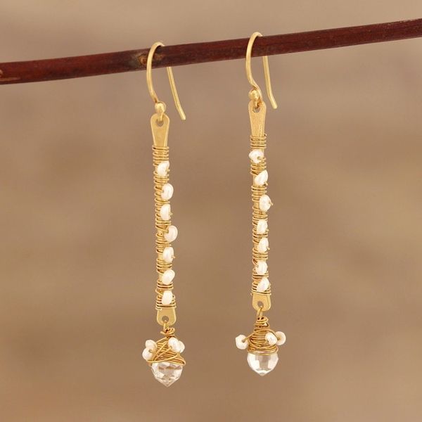 Alternate image for Gold Plated Quartz and Cultured Pearl Beaded Dangle Earrings Glitter and Glow