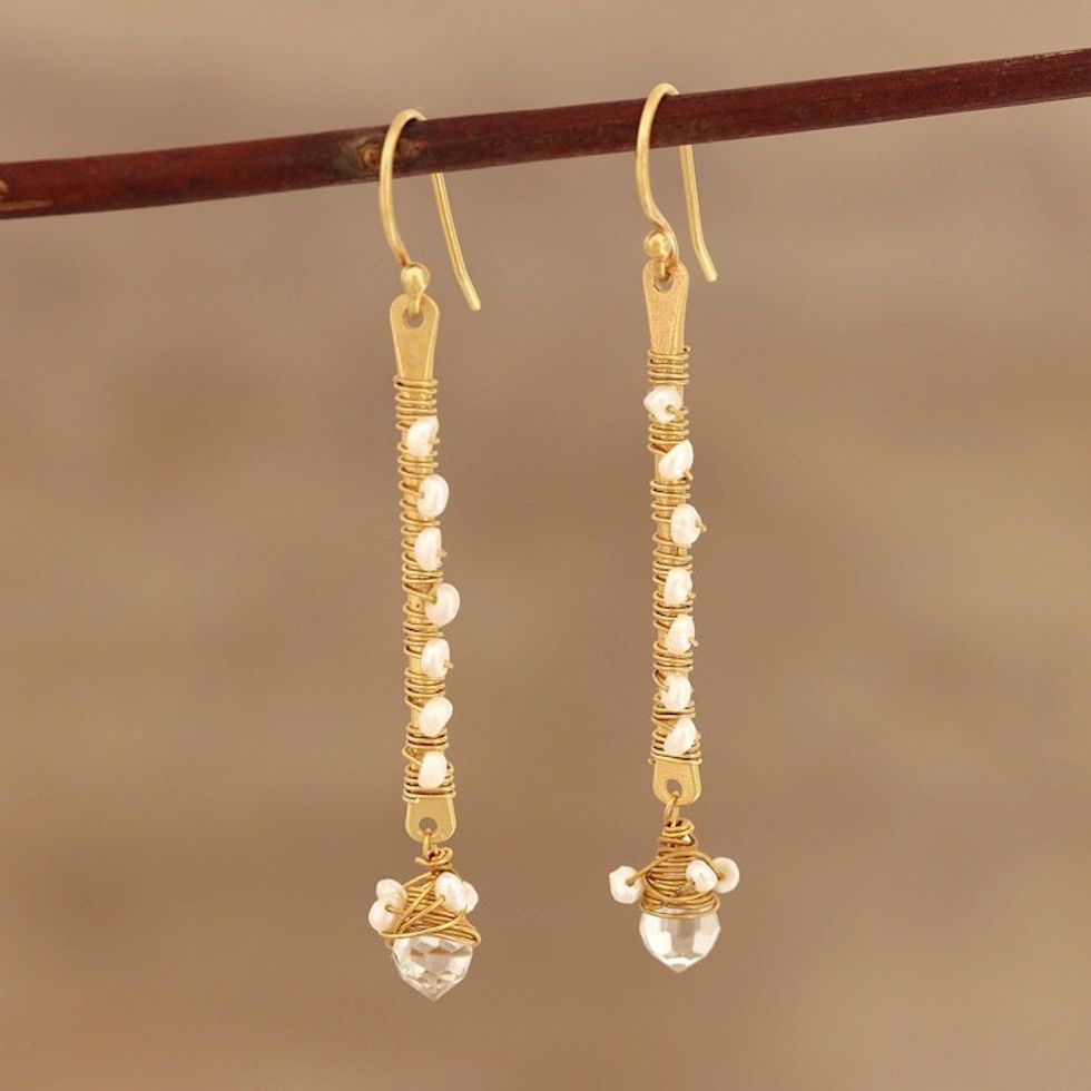 Gold Plated Quartz and Cultured Pearl Beaded Dangle Earrings 'Glitter and Glow'