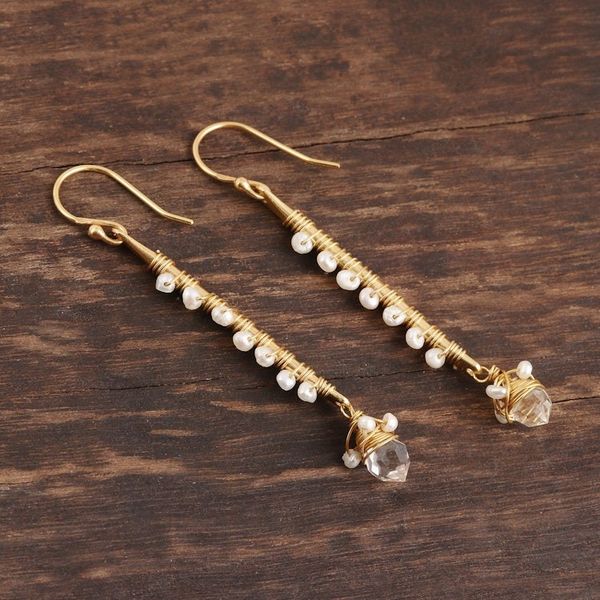 Alternate image for Gold Plated Quartz and Cultured Pearl Beaded Dangle Earrings Glitter and Glow