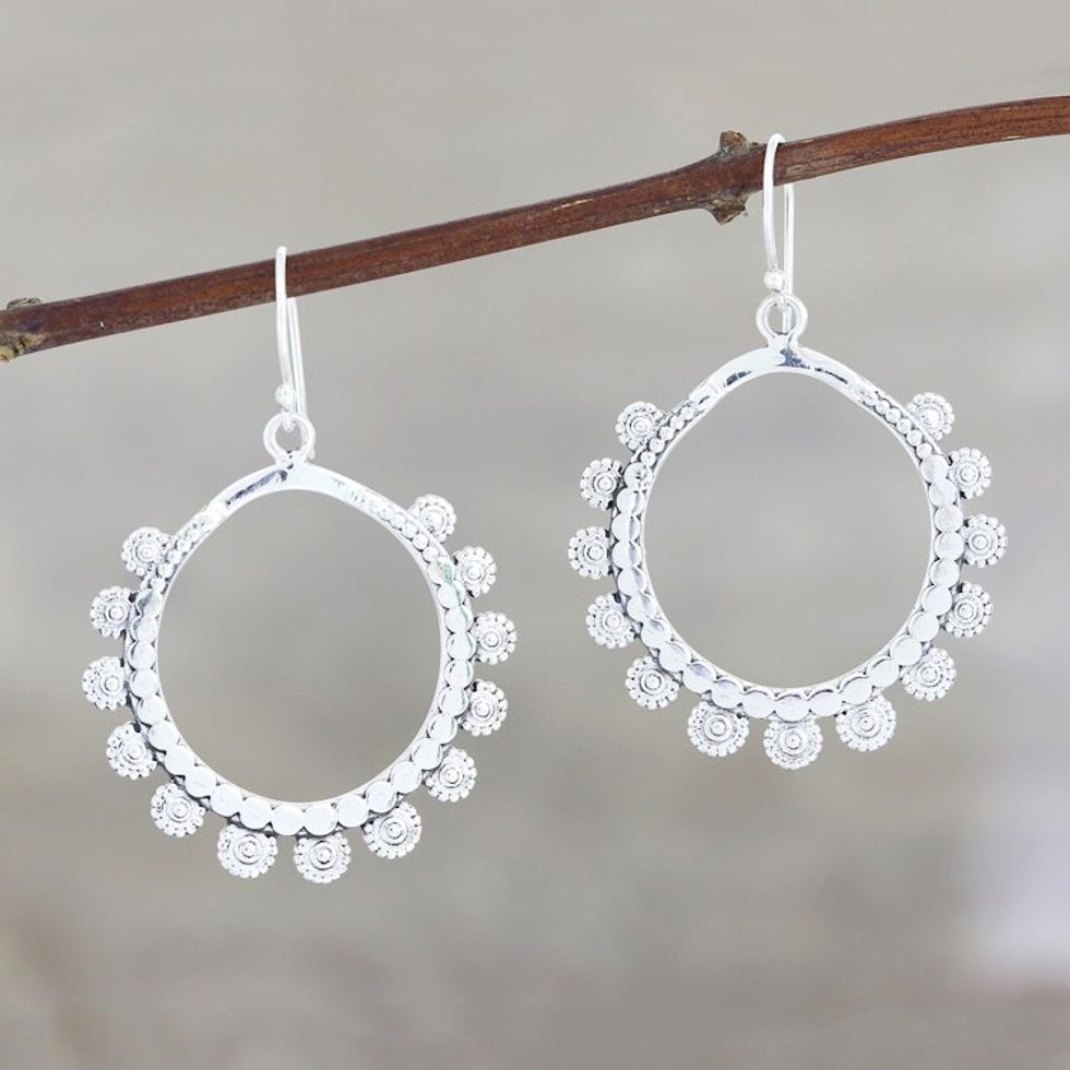 Sterling Silver Loop Dangle Earrings Crafted in India 'Bubbly Loops'