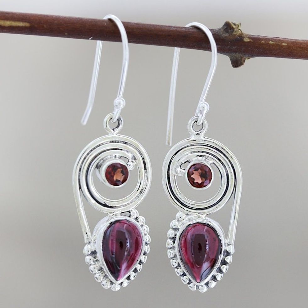 Garnet and Sterling Silver Dangle Earrings 'Wondrous Coil'