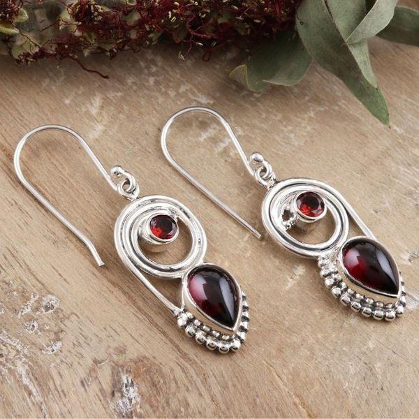 Alternate image for Garnet and Sterling Silver Dangle Earrings Wondrous Coil