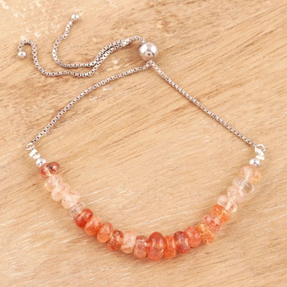 Adjustable Rhodium Plated Sunstone Beaded Bracelet 'Charming Beads'