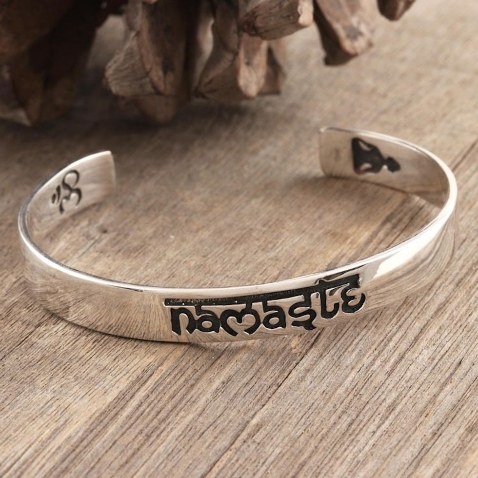 Hand Crafted Sterling Silver Namaste Cuff Bracelet 'Spiritual Guide'