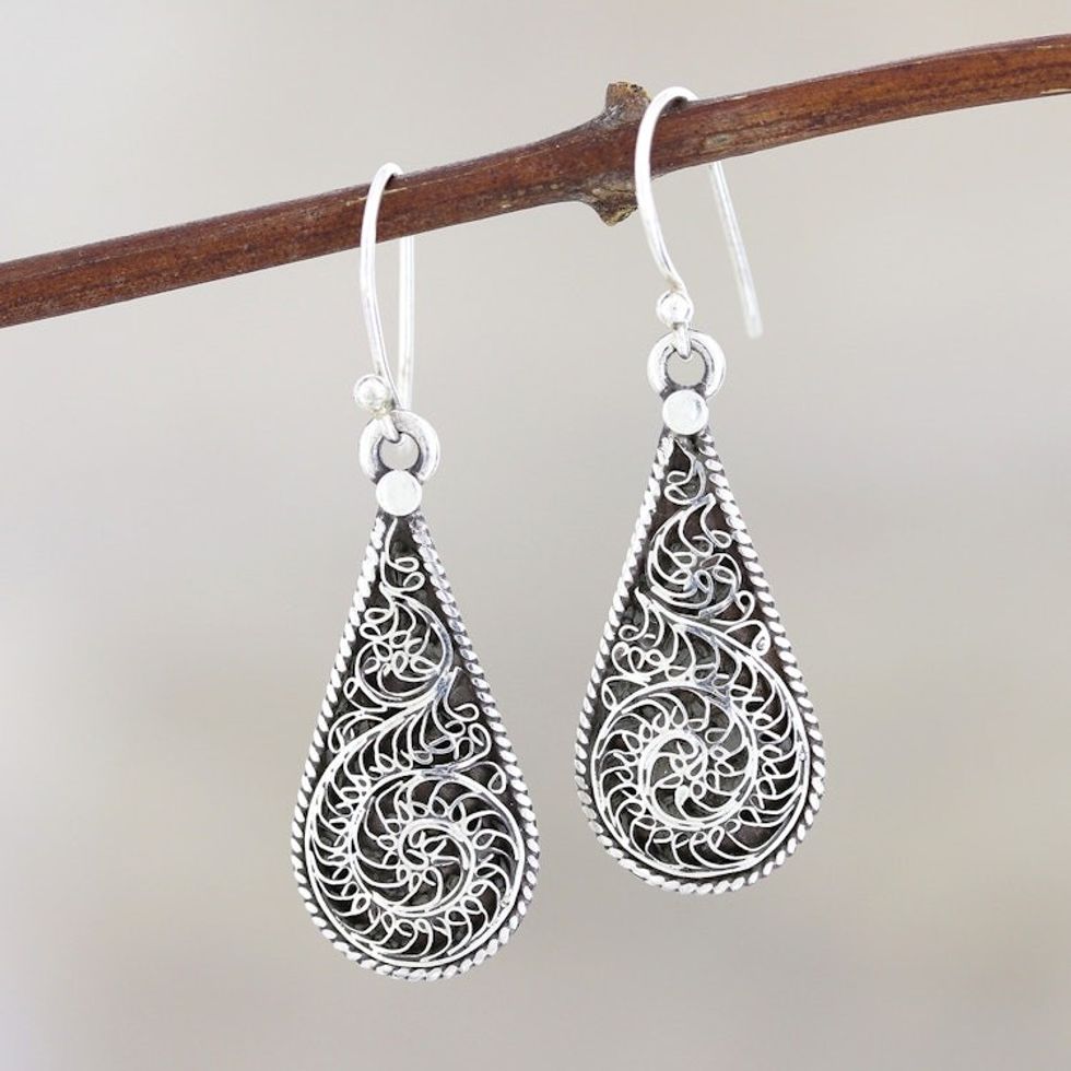 Swirl Pattern Sterling Silver Drop Dangle Earrings 'Intricate Tears'