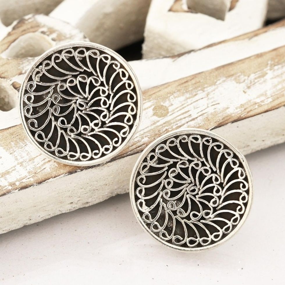Swirl Pattern Sterling Silver Button Earrings from India 'Beatific Swirls'