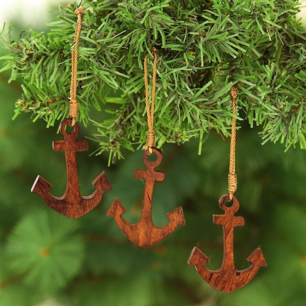 Wood Anchor Ornaments Handmade in India Set of 3 'Anchors Aweigh'