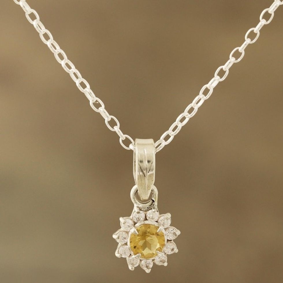 Floral Citrine Pendant Necklace Crafted in India 'Gleaming Flower'