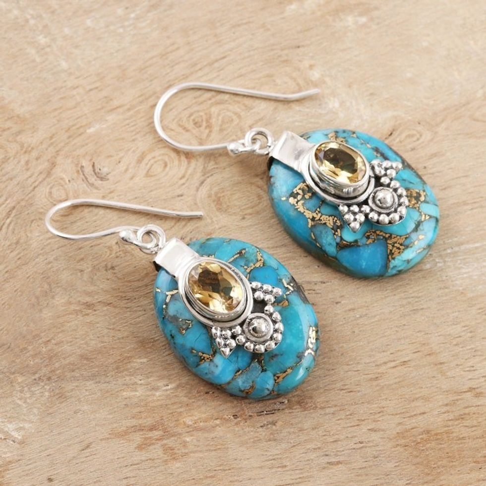 Composite Turquoise Sterling Silver Dangle Earrings 'Golden Crown'