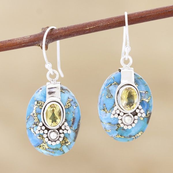 Alternate image for Composite Turquoise Sterling Silver Dangle Earrings Golden Crown
