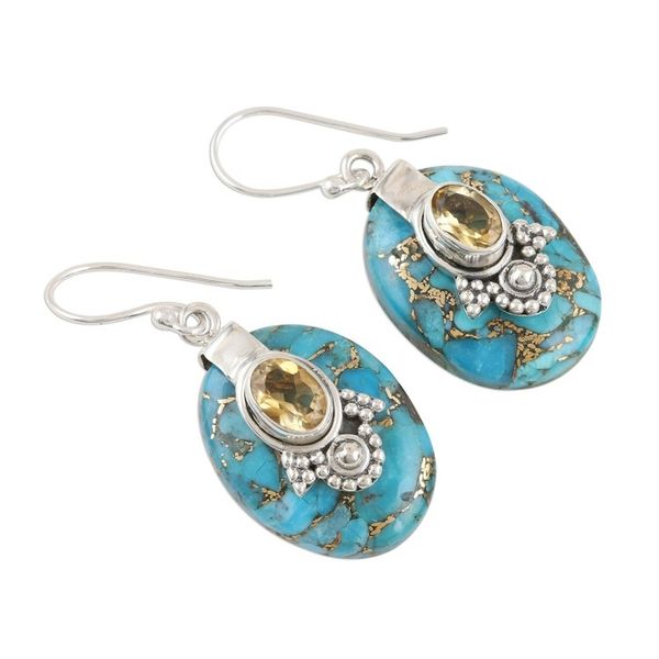 Alternate image for Composite Turquoise Sterling Silver Dangle Earrings Golden Crown