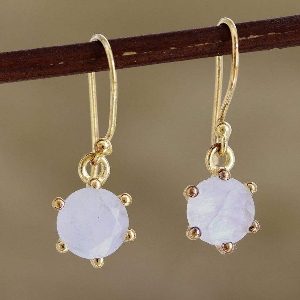 Gold-Plated Rainbow Moonstone Dangle Earrings from India 'Misty Freeze'