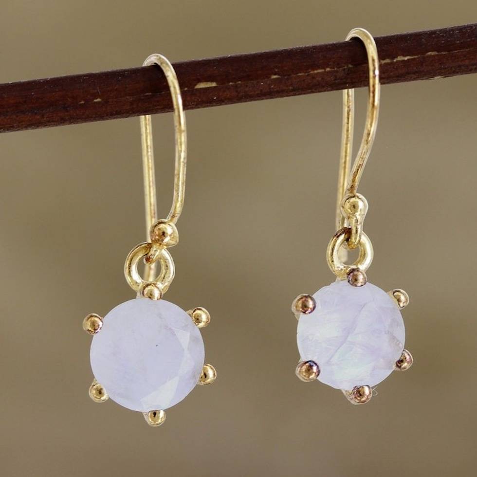 Gold-Plated Rainbow Moonstone Dangle Earrings from India 'Misty Freeze'