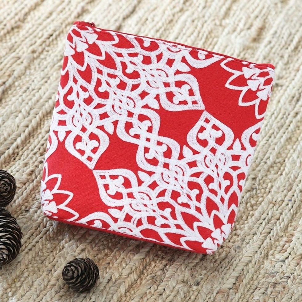 Red Embroidered Cotton Cosmetic Bag from India 'Candy Apple'