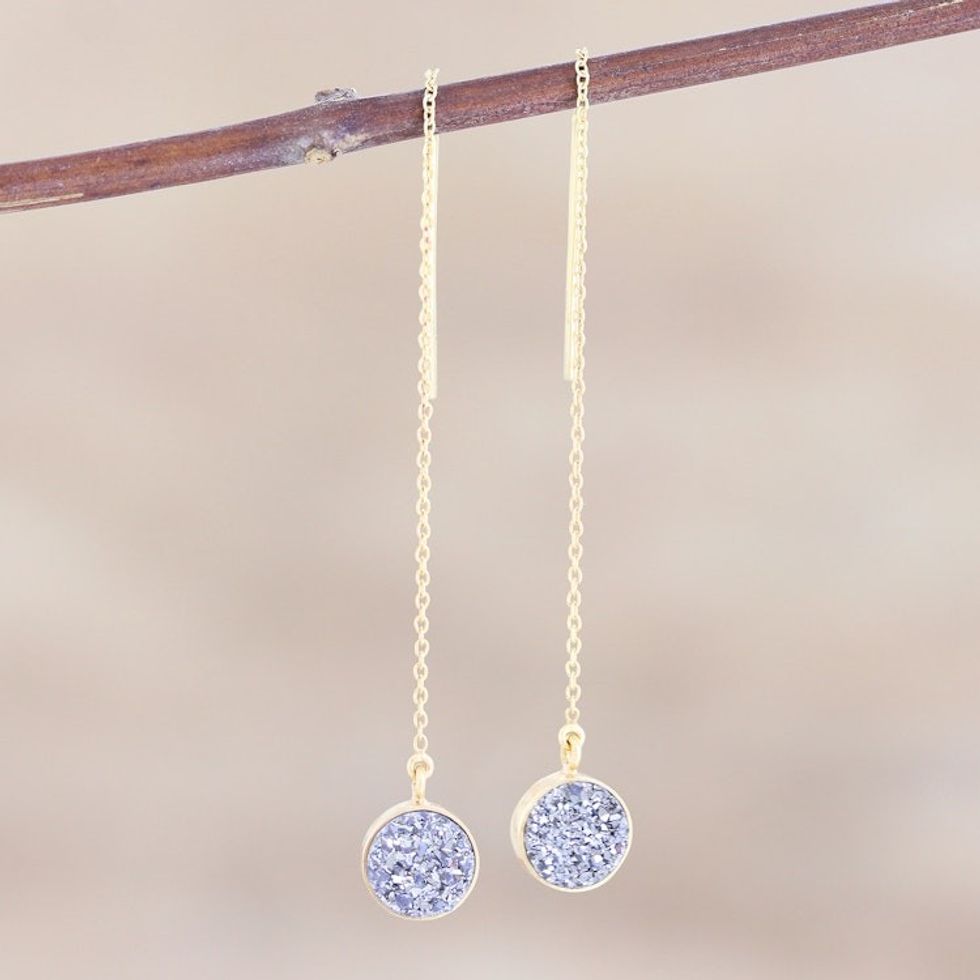Hand Crafted Gold Plated Druzy Quartz Dangle Earrings 'Hanging Star in Titanium'