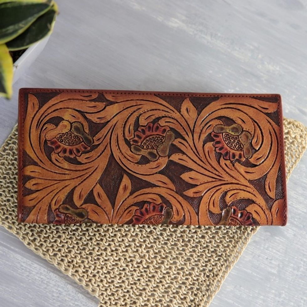 Floral Pattern Leather Wallet in Brown Crafted in India 'Mughal Vines'