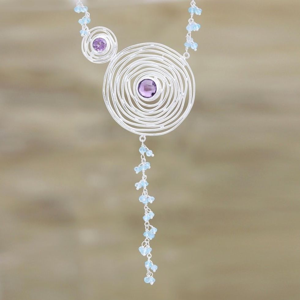 Spiral-Shaped Amethyst and Chalcedony Pendant Necklace 'Glittering Spirals'