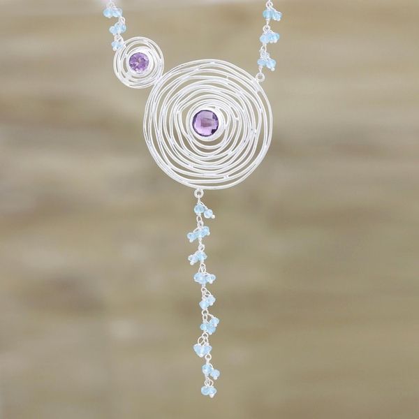 Alternate image for Spiral-Shaped Amethyst and Chalcedony Pendant Necklace Glittering Spirals