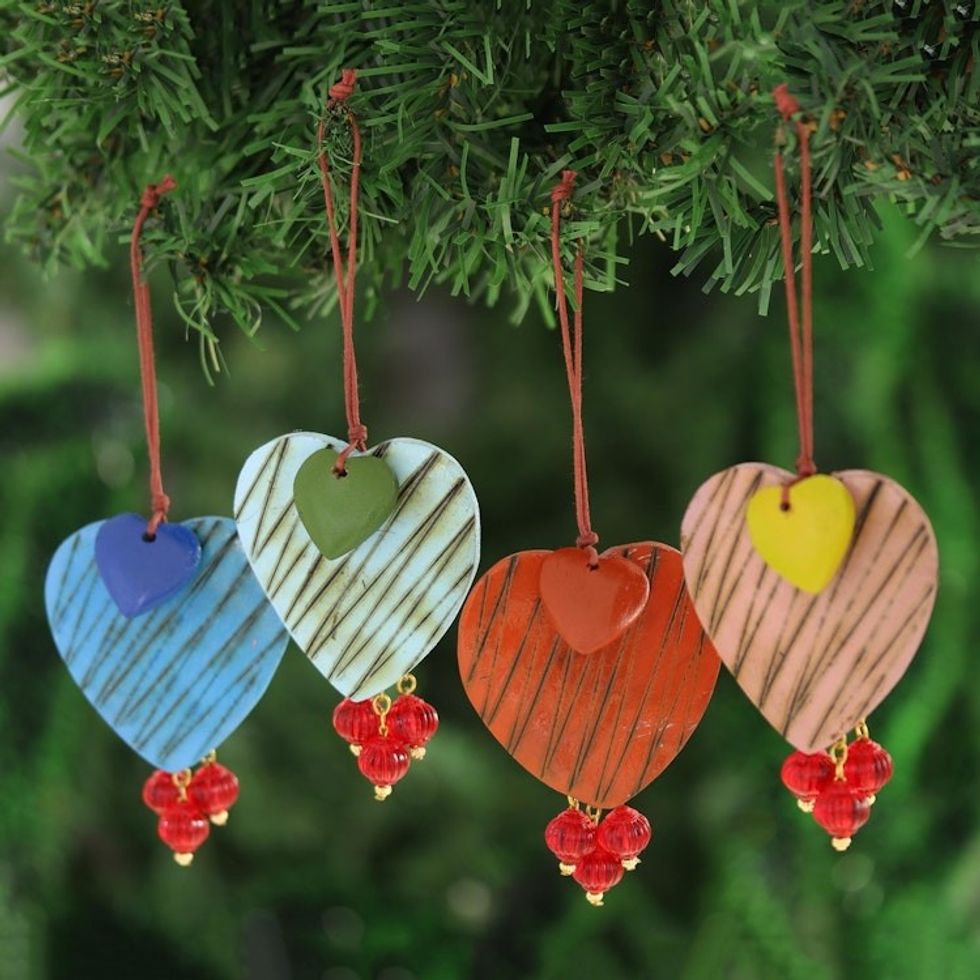 Mango Wood Heart Ornaments from India Set of 4 'Zigzag Hearts'