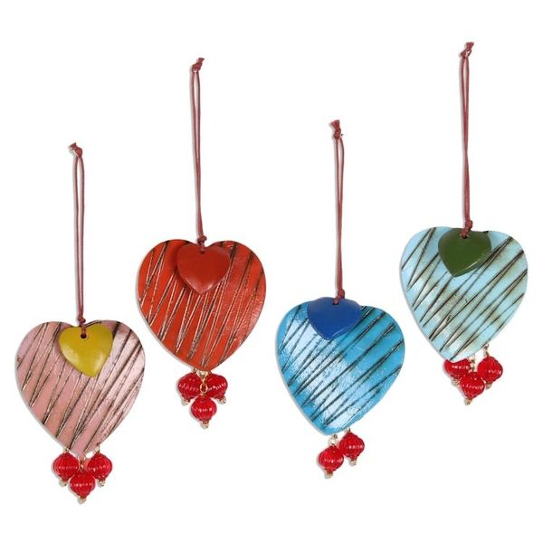 Alternate image for Mango Wood Heart Ornaments from India Set of 4 Zigzag Hearts