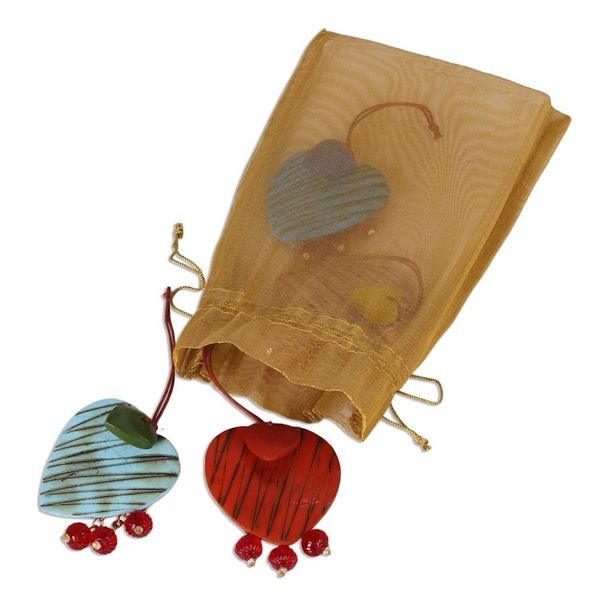 Alternate image for Mango Wood Heart Ornaments from India Set of 4 Zigzag Hearts