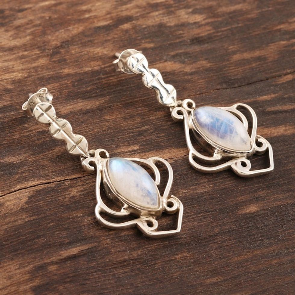 Handmade Rainbow Moonstone Dangle Earrings 'Rain Goddess'