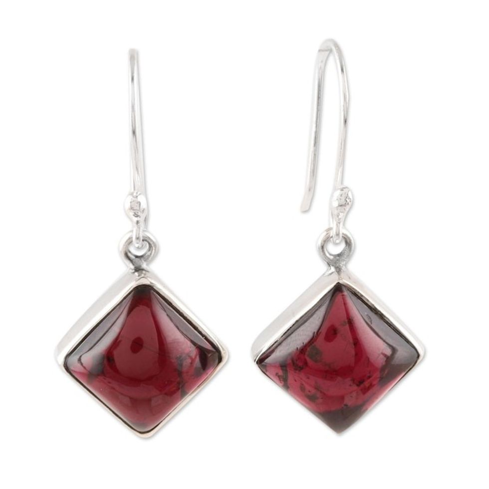 Square Garnet Dangle Earrings from India 'Fiery Squares'