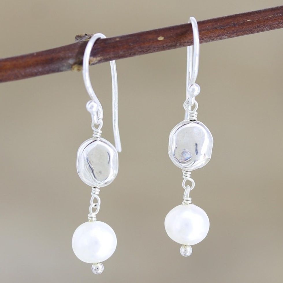 Hand Made Cultured Freshwater Pearl Dangle Earrings 'Song of Paradise in White'