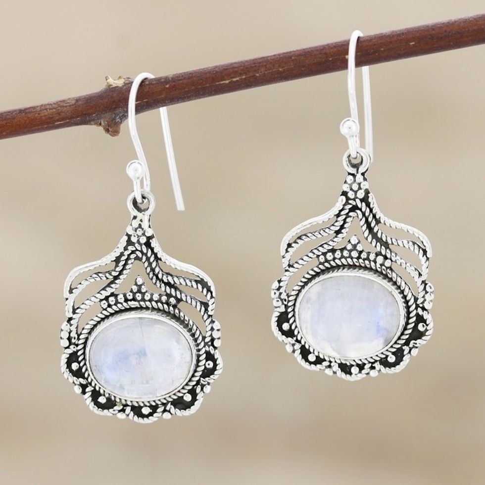 Hand Made Sterling Silver Rainbow Moonstone Dangle Earrings 'Misty Majesty'