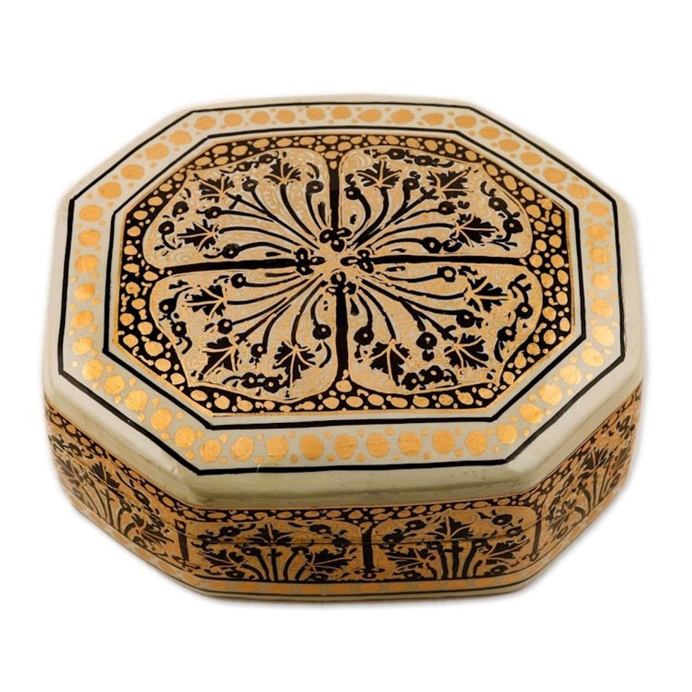 Black and Gold Hand Painted Decorative Wood Box 'Srinagar Legacy'