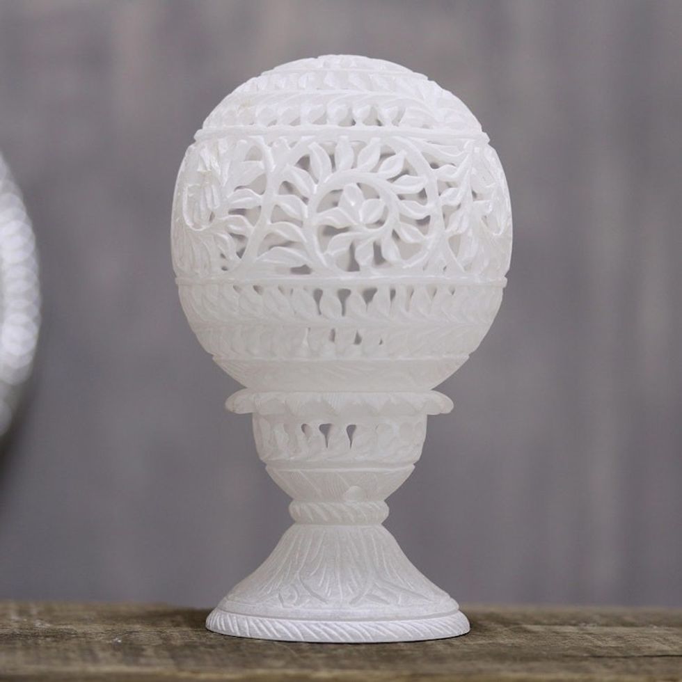 Vine Pattern Alabaster Tealight Holder from India 'Vine Dome'